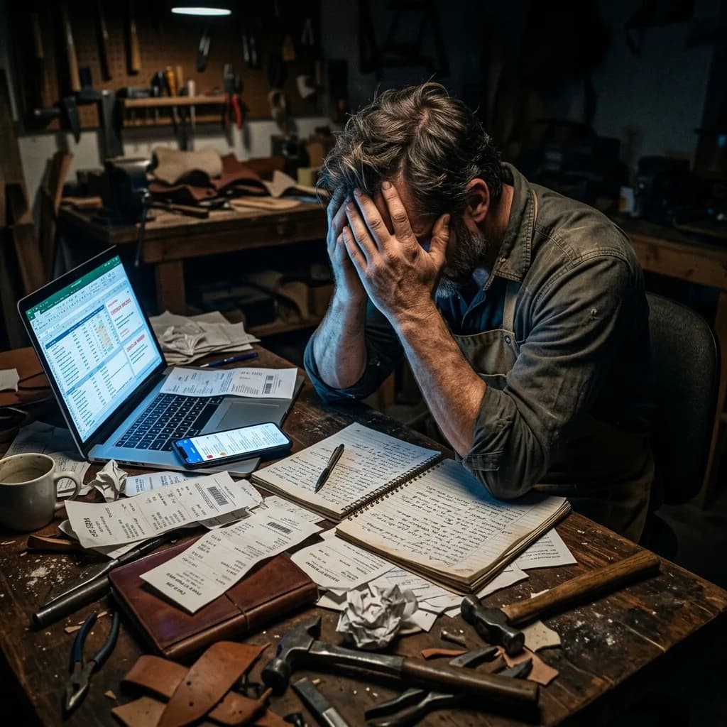 Stressed artisan working late at a laptop
