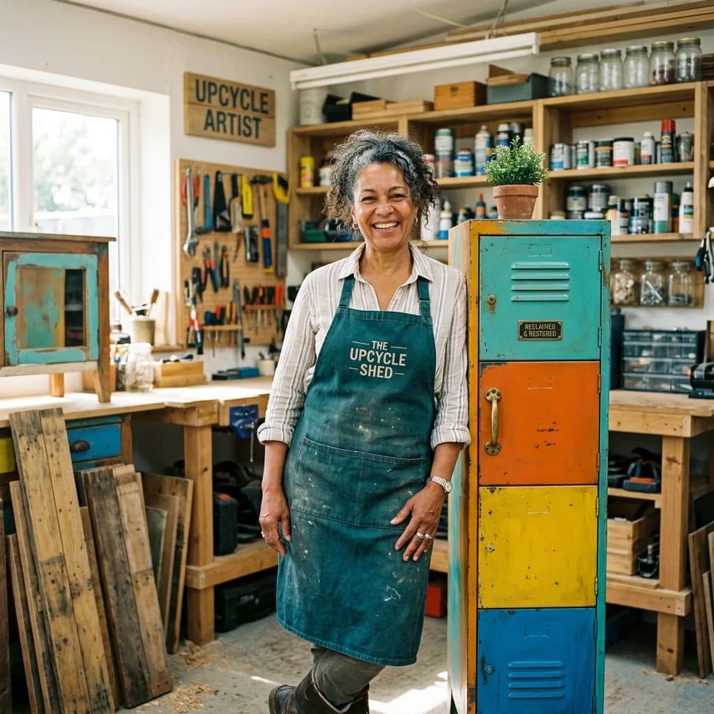 A proud upcycler leaning against a restored industrial locker